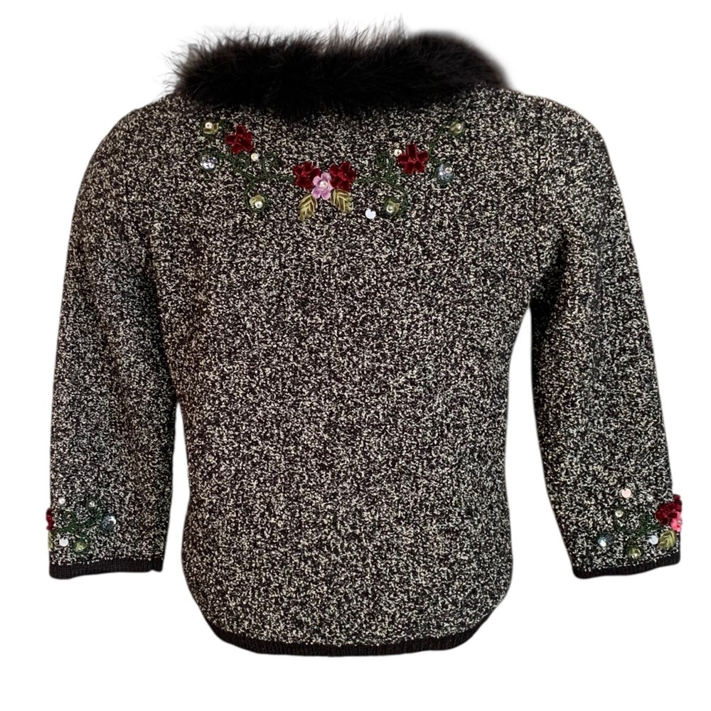 Vintage Embellished 90’s Cropped Art to Wear Fur Collar Funky Cardigan Sz S - Picture 2 of 9